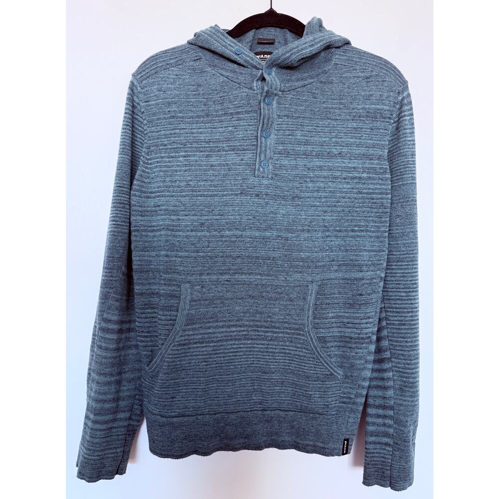 prAna Mens Small Blue Green Heather Slim Fit Henley Hoodie Organic Cotton Blend